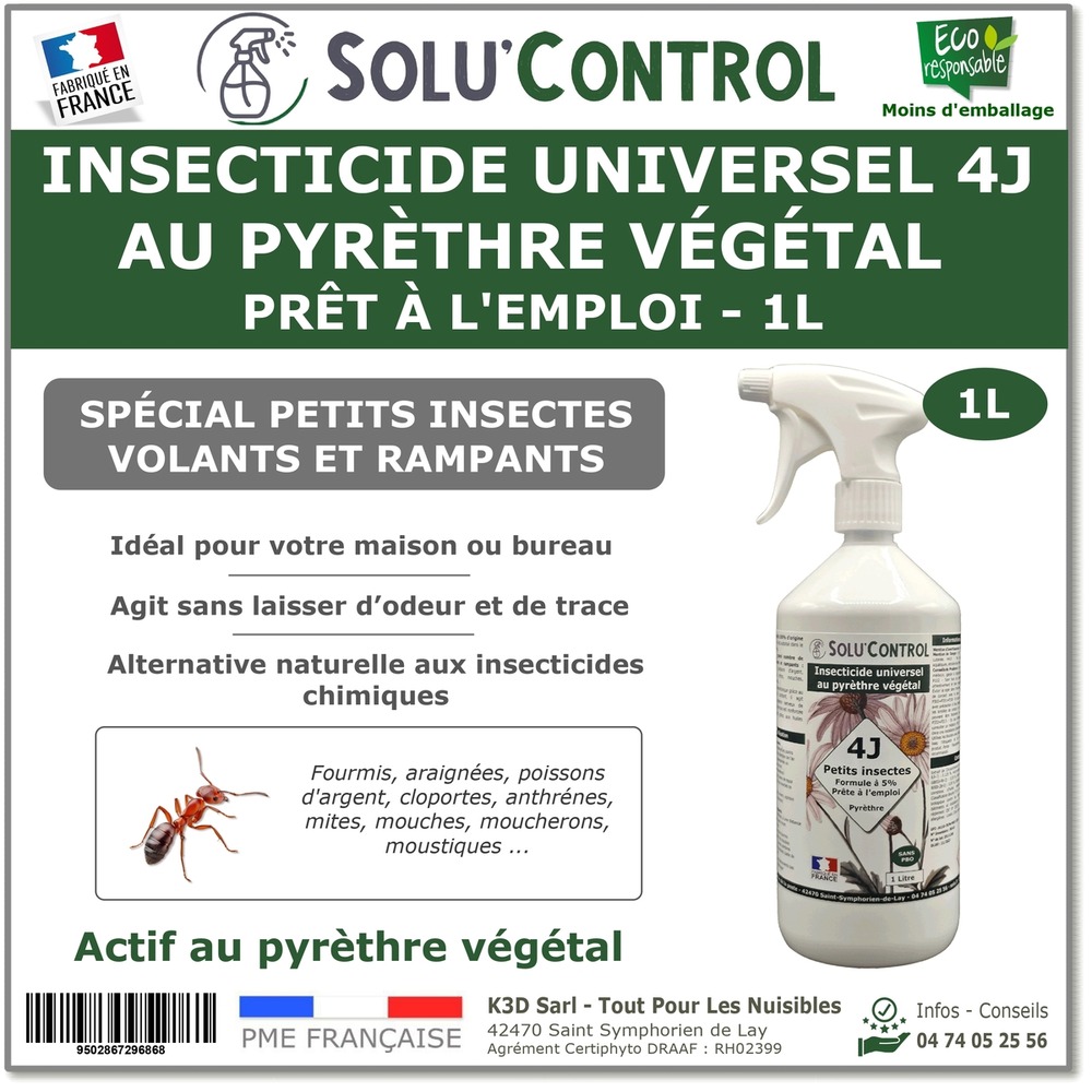 Solu’control anti-insectes universel 4j au pyrèthre végétal – prêt à l’emploi 1l – spécial insectes volants et rampants