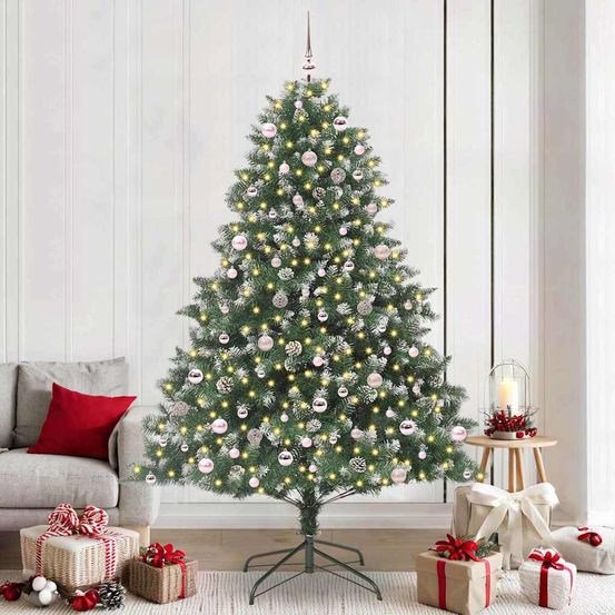 Sapin de fêtes vert 240 cm prêt à l'emploi, kit complet avec lumières, boules et pommes de pin