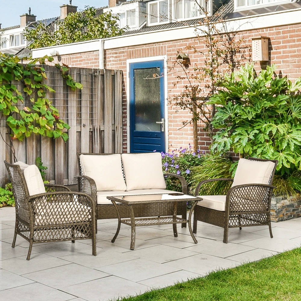 Salon de jardin 4 places 4 pièces style colonial table basse coussins beige inclus résine tressée marron clair