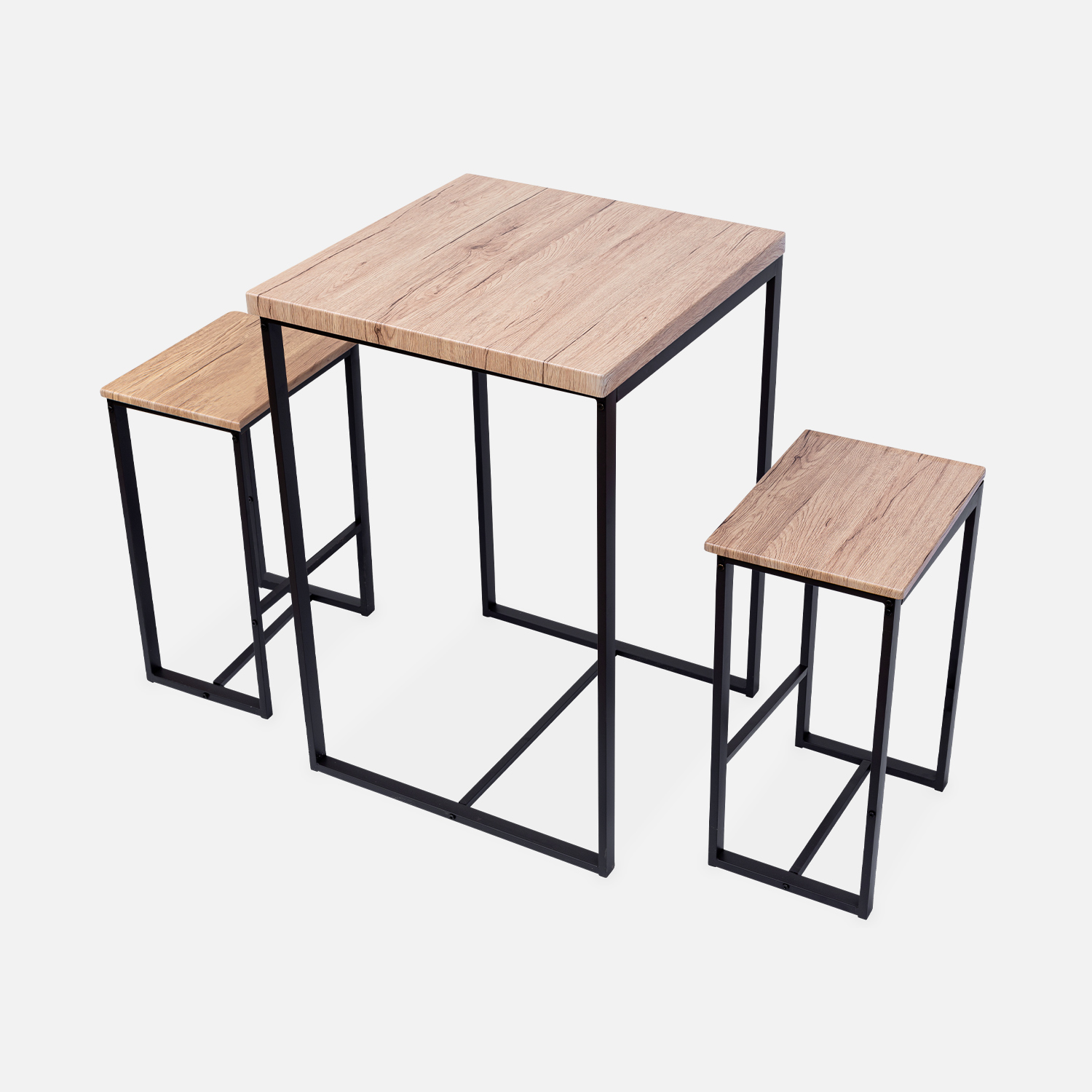 Set table haute carré - loft - avec 2 tabourets de bar. Acier et décor bois. Encastrable. Design
