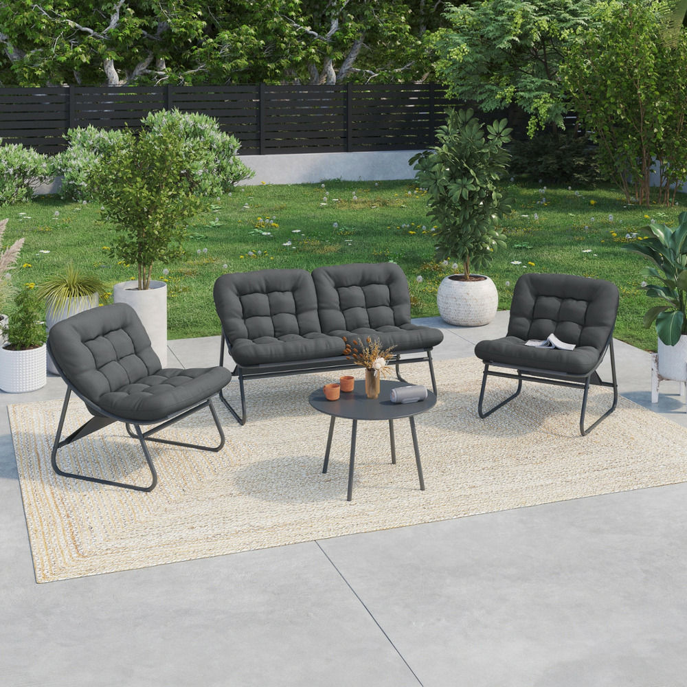 Salon de jardin arona bas 4 places en métal gris anthracite et coussins gris avec canapé, fauteuils et table