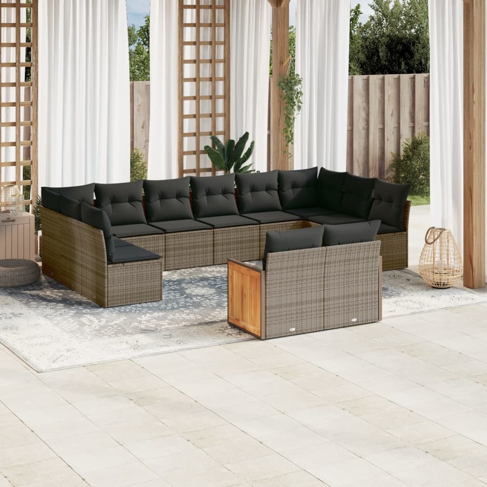 Salon de jardin avec coussins 12 pcs gris résine tressée