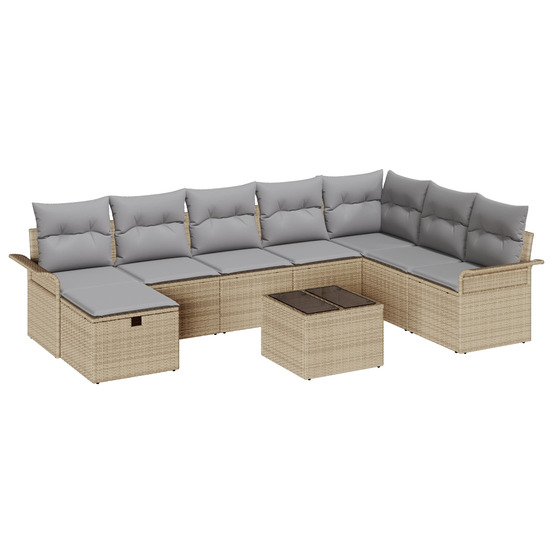 Ensemble de canapés de jardin 9 pièces avec coussins beige rattan poly