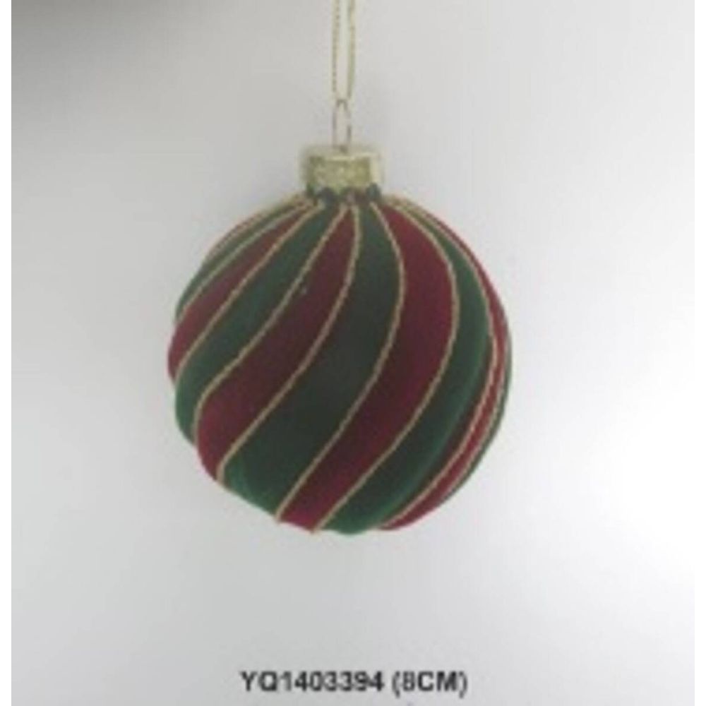 Boule de noël en verre et velours rayée rouge et vert d. 80 mm
