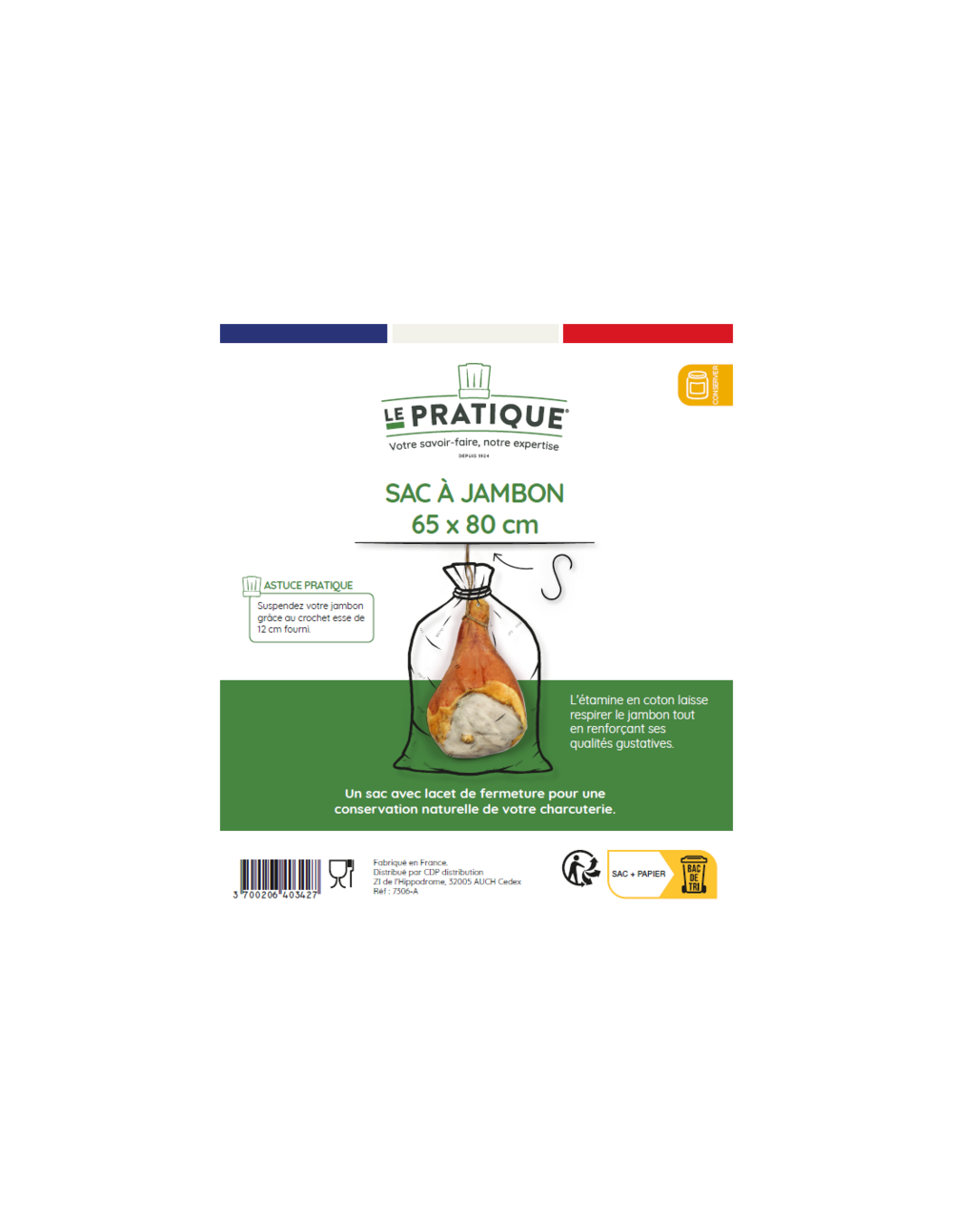 10 sac a jambon + crochet s 120 mm etamine coton écru 65 x 80 cm - le pratique