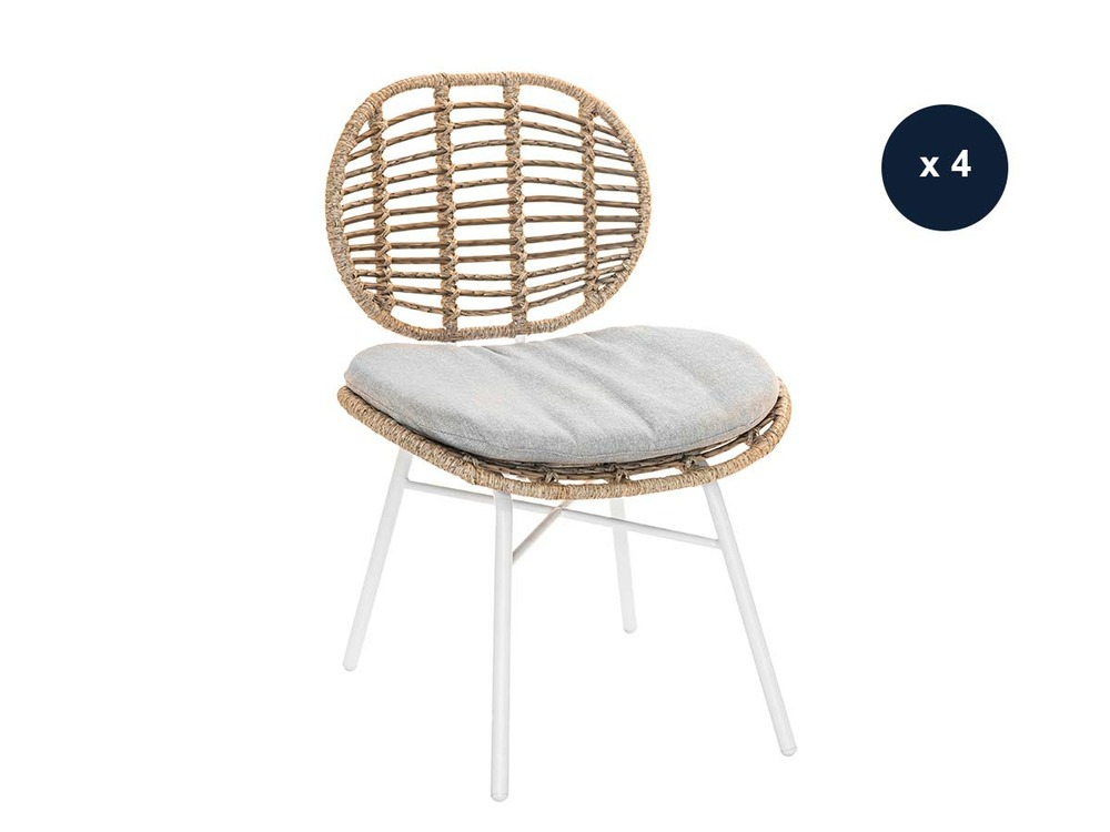 Lot de 4 chaises de jardin en résine tressée flores avec coussin chiné gris/beig