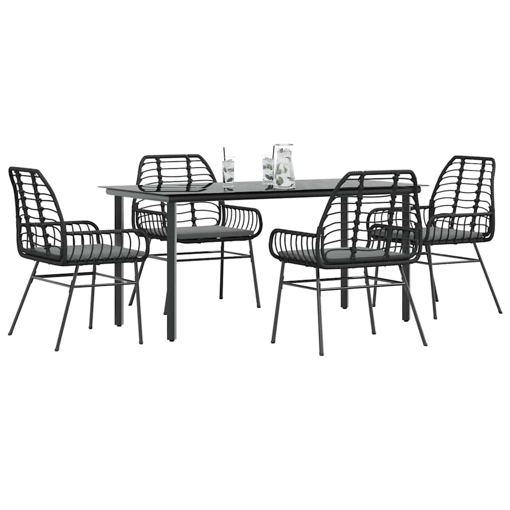 Ensemble à manger de jardin et coussins 5 pcs noir rotin verre