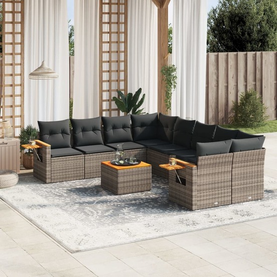 Salon de jardin 9 pcs avec coussins gris résine tressée