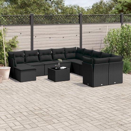 Salon de jardin 12 pcs avec coussins noir résine tressée