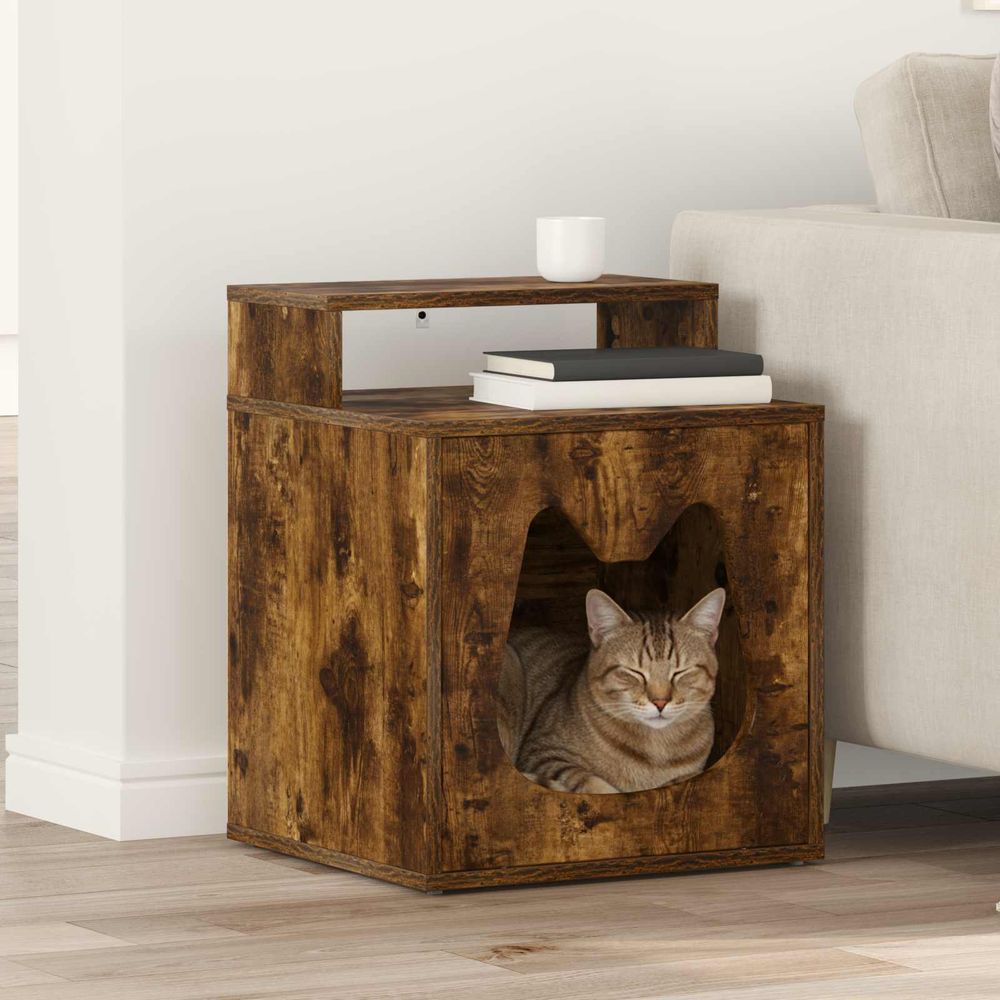 Petit meuble chat chêne fumé repos brun 53,5cm pour chaton hiver chaud