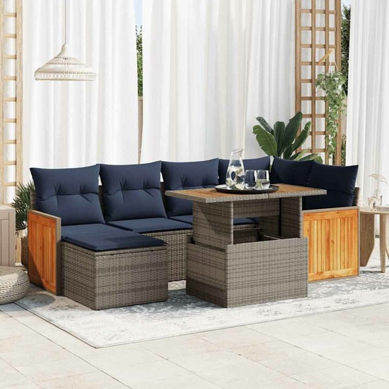 Salon de jardin avec coussins 7 pcs noir résine tressée acacia