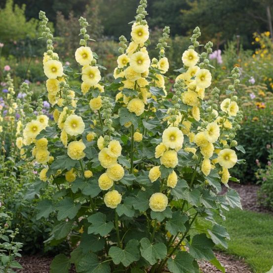 Rose trémière chater's double jaune lot de 5 godets