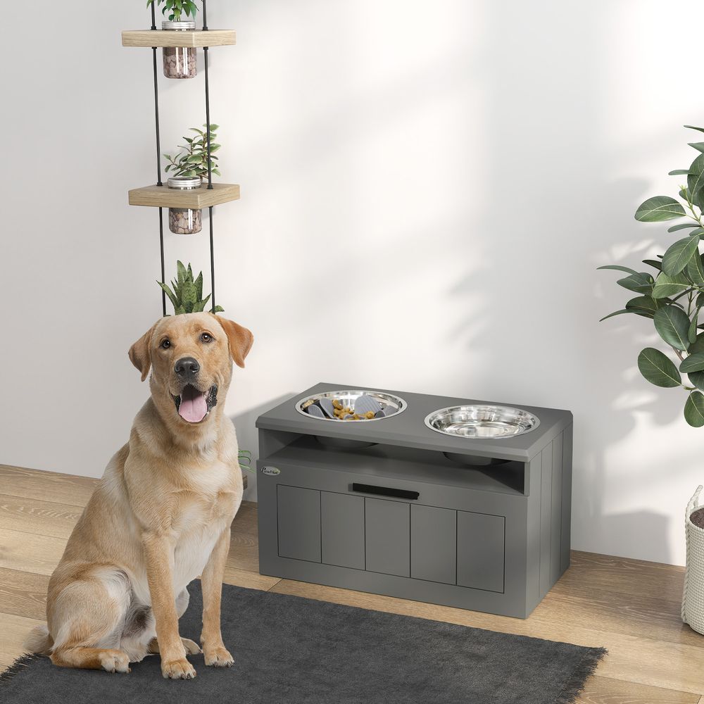Gamelle surélevée anti-glouton pour grand chien en mdf gris 60 x 30 x 35 cm avec 2 bols inox et tiroir
