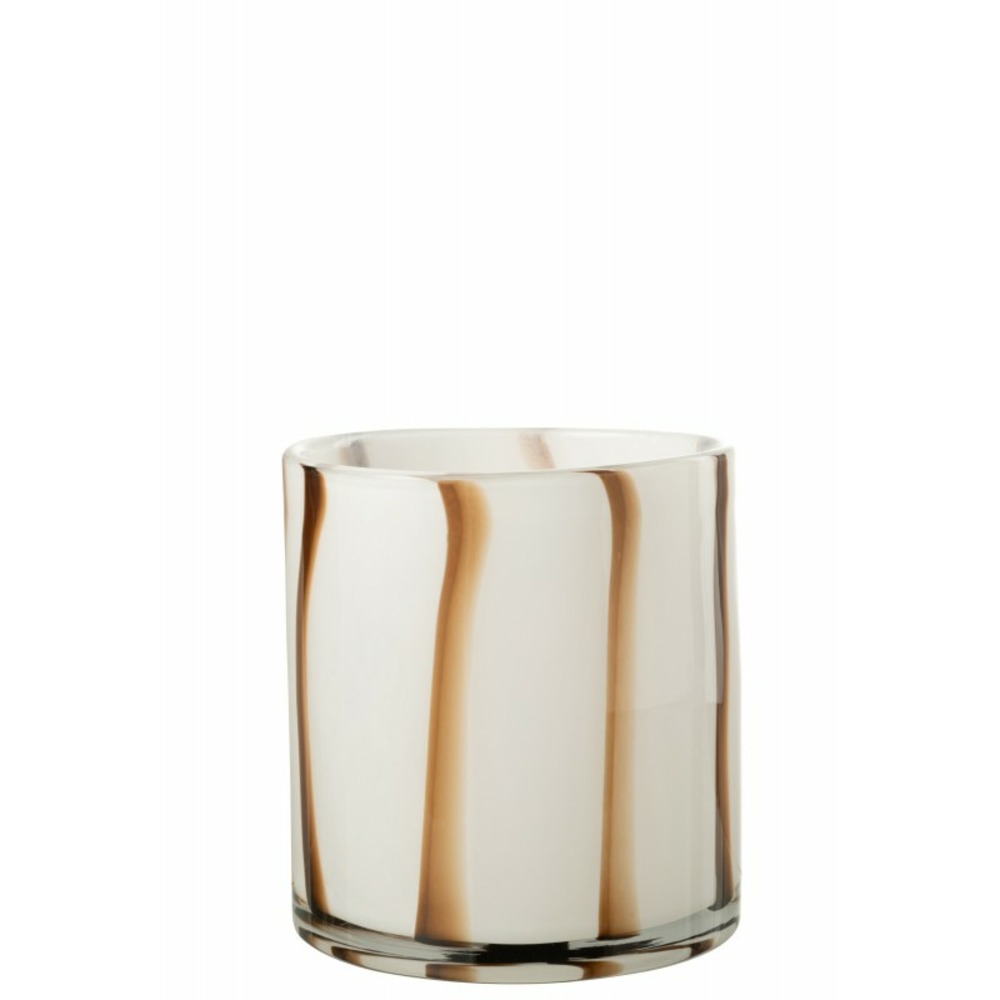 Photophore en verre blanc avec lignes marrons l18xl18xh18cm