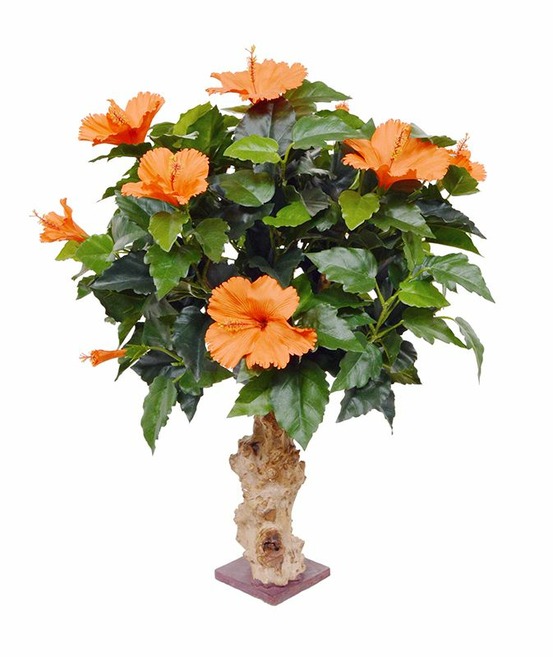 Hibiscus plante artificielle de 65 cm orange sur socle