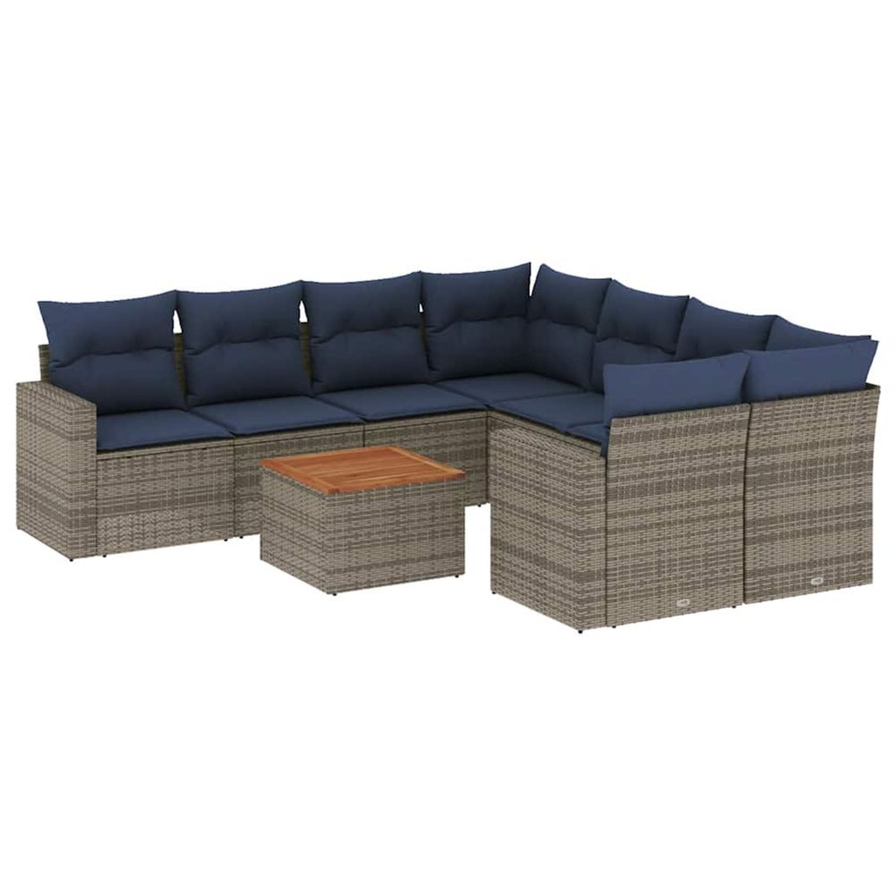 Salon de jardin 9 pcs avec coussins gris résine tressée