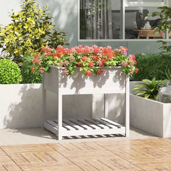 Grand carré potager sur pieds bois avec étagère blanc 82,5cm