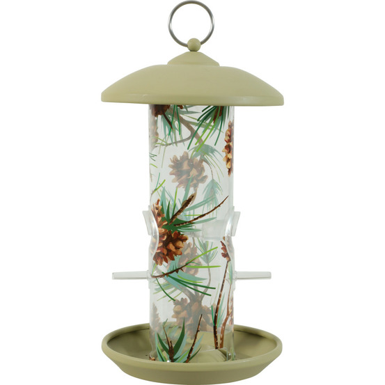 Mangeoire silo en plastique avec 2 perchoirs décorée vert pour oiseaux