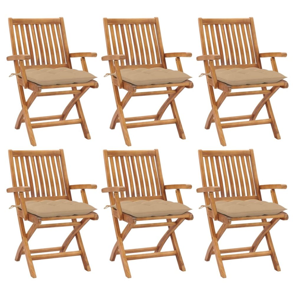 Chaises pliantes avec coussins, 6 pièces, en teck massif