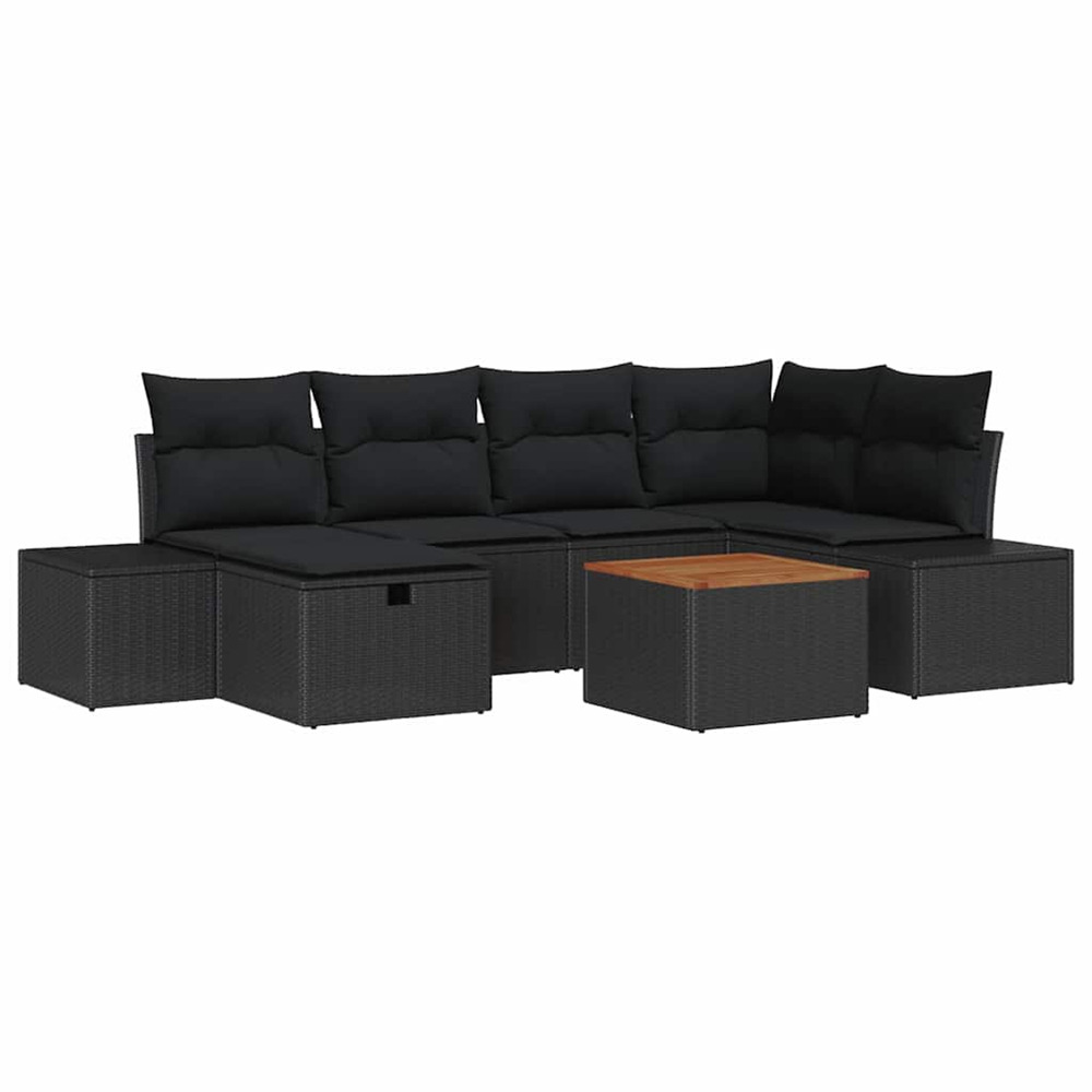 Ensemble de canapé de jardin avec coussin 7 pcs noir polyrotin