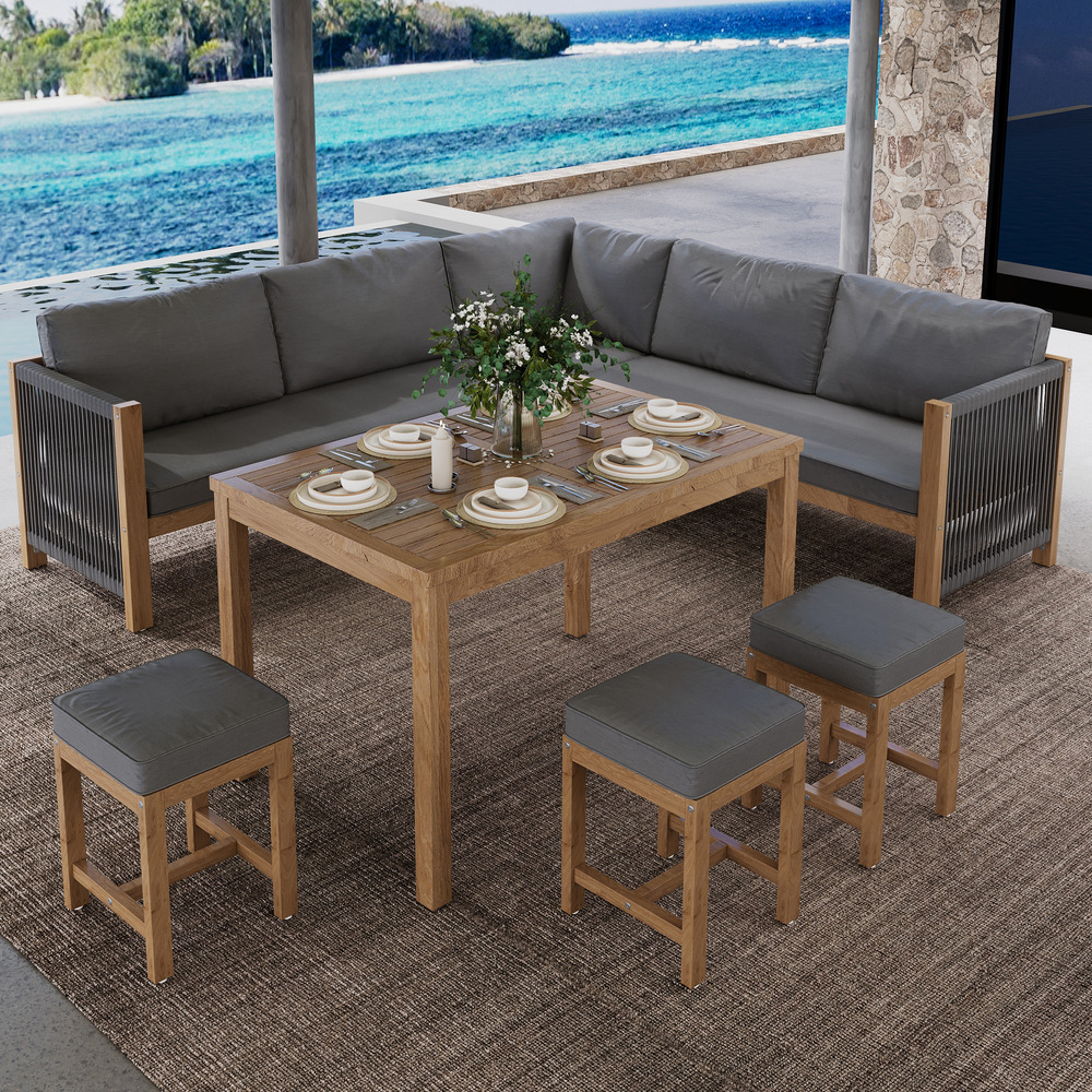 Salle à manger jardin: canapé angle, salon polyrotin, balcon 7-8 pers, canapé +3 tabourets + table acacia gris/naturel