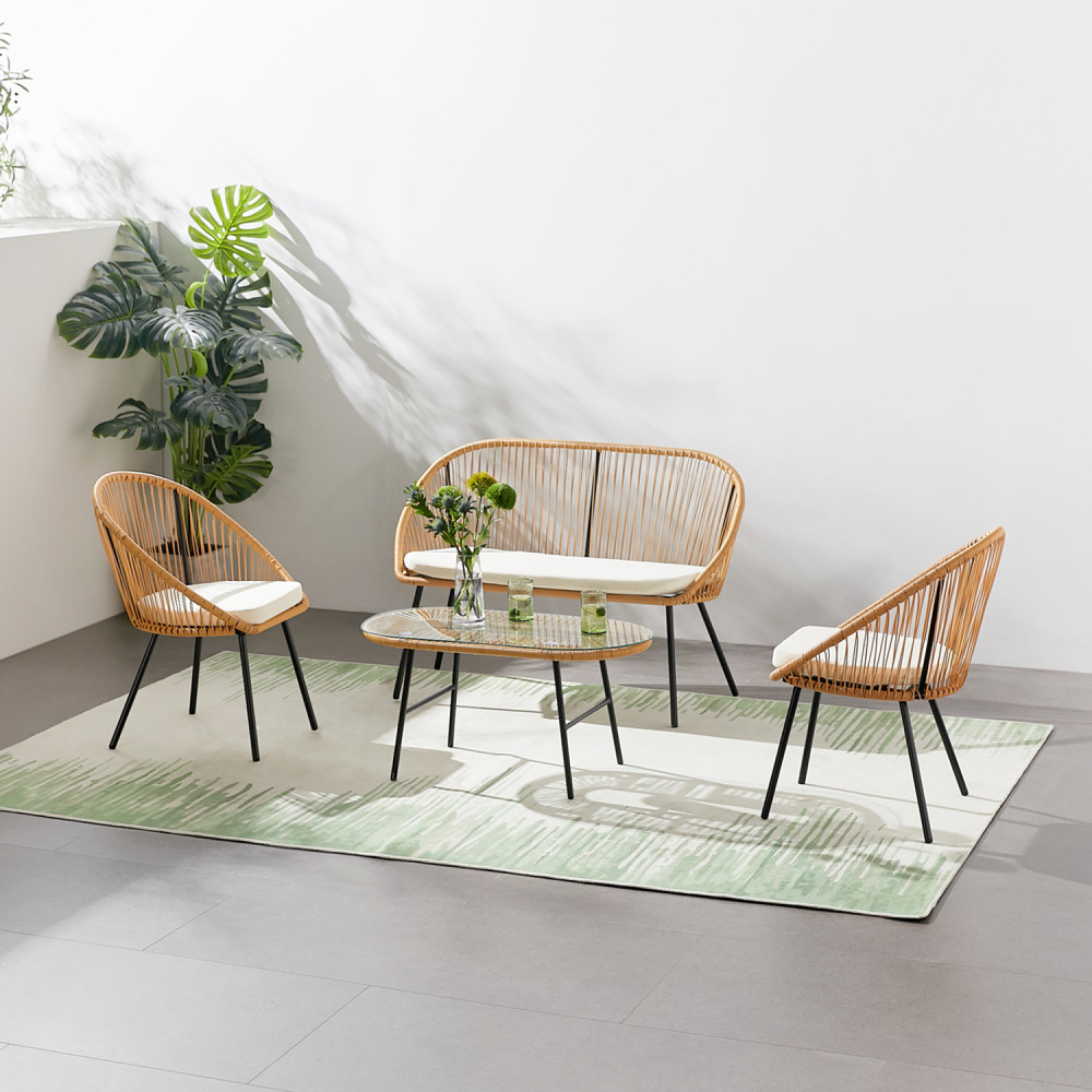 Salon de jardin 4 places esprit rotin naturel et coussins beiges ravello