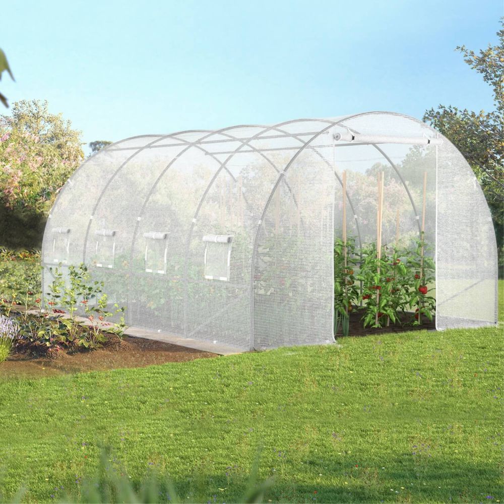 Bâche de rechange pour serre de jardin tunnel 12m² 4 x 3 x 2 m anti-uv avec porte et fenêtres zebra blanche