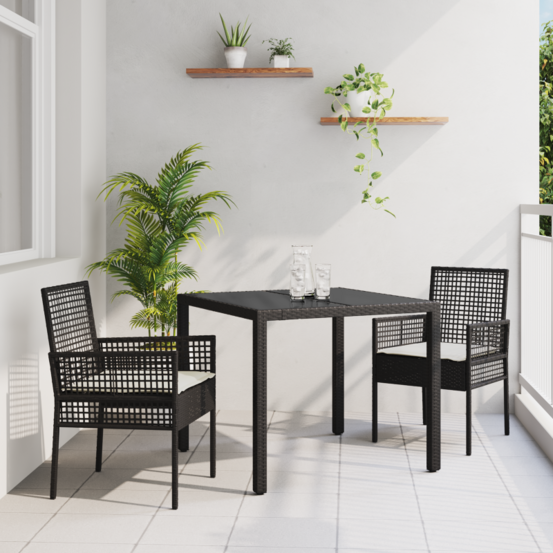 Ensemble de salle à manger de jardin en 3 pièces avec coussins en poly rattan noir