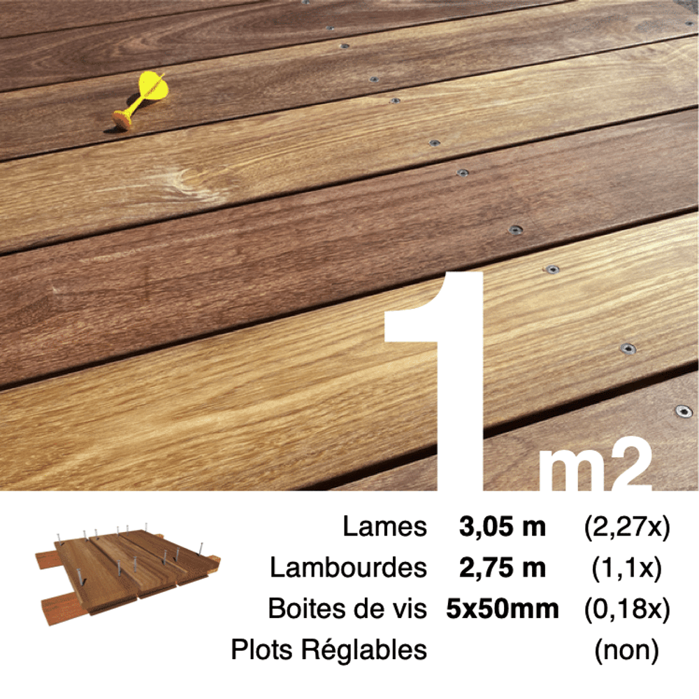 Kit terrasse bois exotique cumaru pour 1 m², lames 3,05 m, lambourdes 2,75 m et visserie inox.