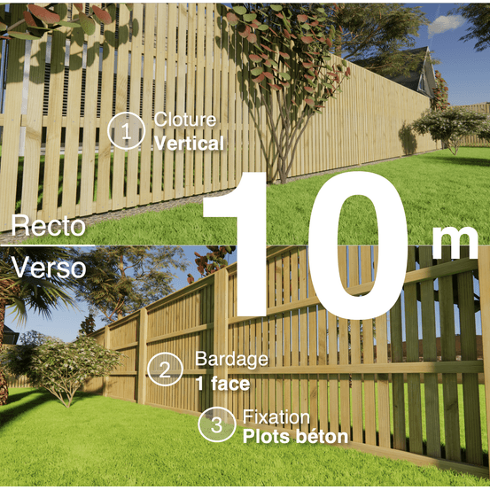 Kit clôture bois moderne 10m – h 1,9m – 20 x 60 mm autoclave vert – pose vertical – simple face – à sceller