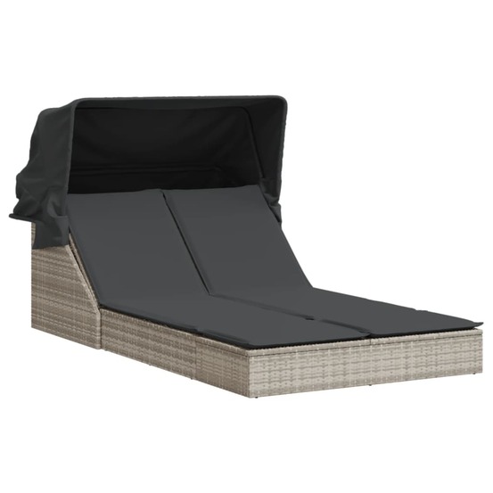 Chaise longue double avec auvent et coussins gris clair rotin