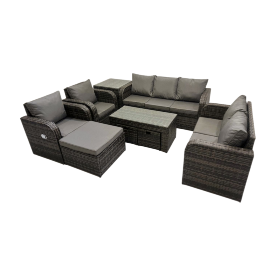 10 places salon de jardin exterieur ensemble de canapés en rotin avec table basse rectangulaire table d'appoint 3 tabourets