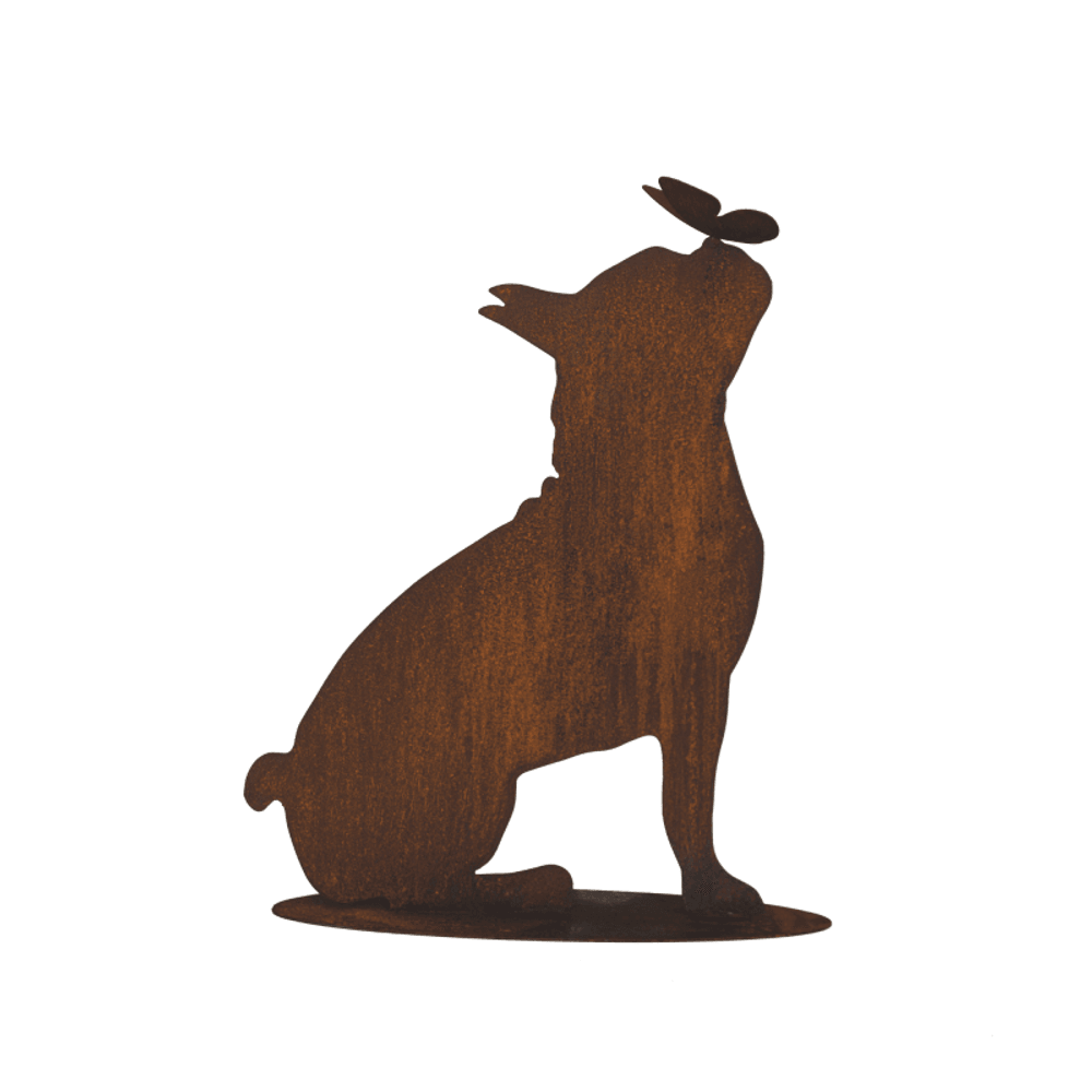 Bouledogue en métal rouillé : figurine décorative de jardin - rouille