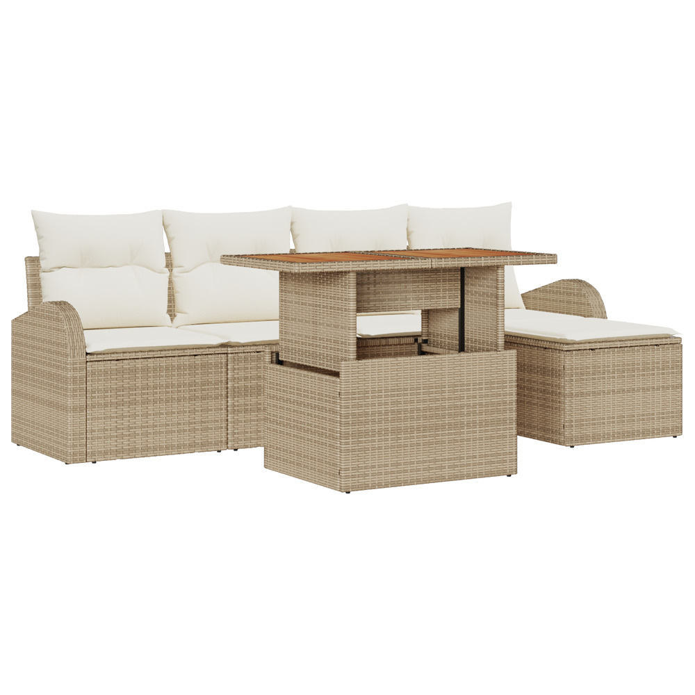 Set de salle à manger de jardin 6 pièces avec coussins beige rotin acacia