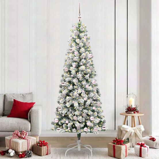 Grand sapin de noël artificiel 240 cm, kit complet avec 120 boules et guirlande led blanc chaud