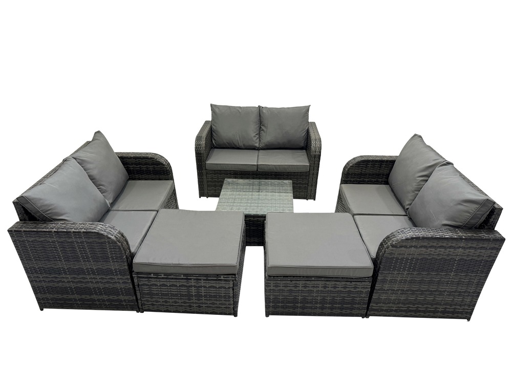 8 places dossier haut salon de jardin avec table basse carrée 2 grand tabourets canapé d'amour ensemble de canapés en rotin