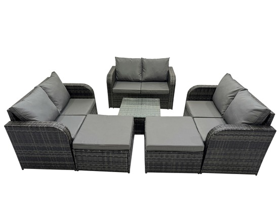 8 places dossier haut salon de jardin avec table basse carrée 2 grand tabourets canapé d'amour ensemble de canapés en rotin