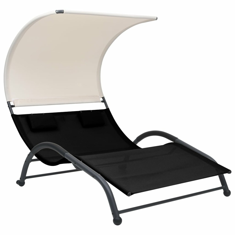 Transat chaise longue bain de soleil lit de jardin terrasse meuble d'extérieur double avec auvent textilène noir
