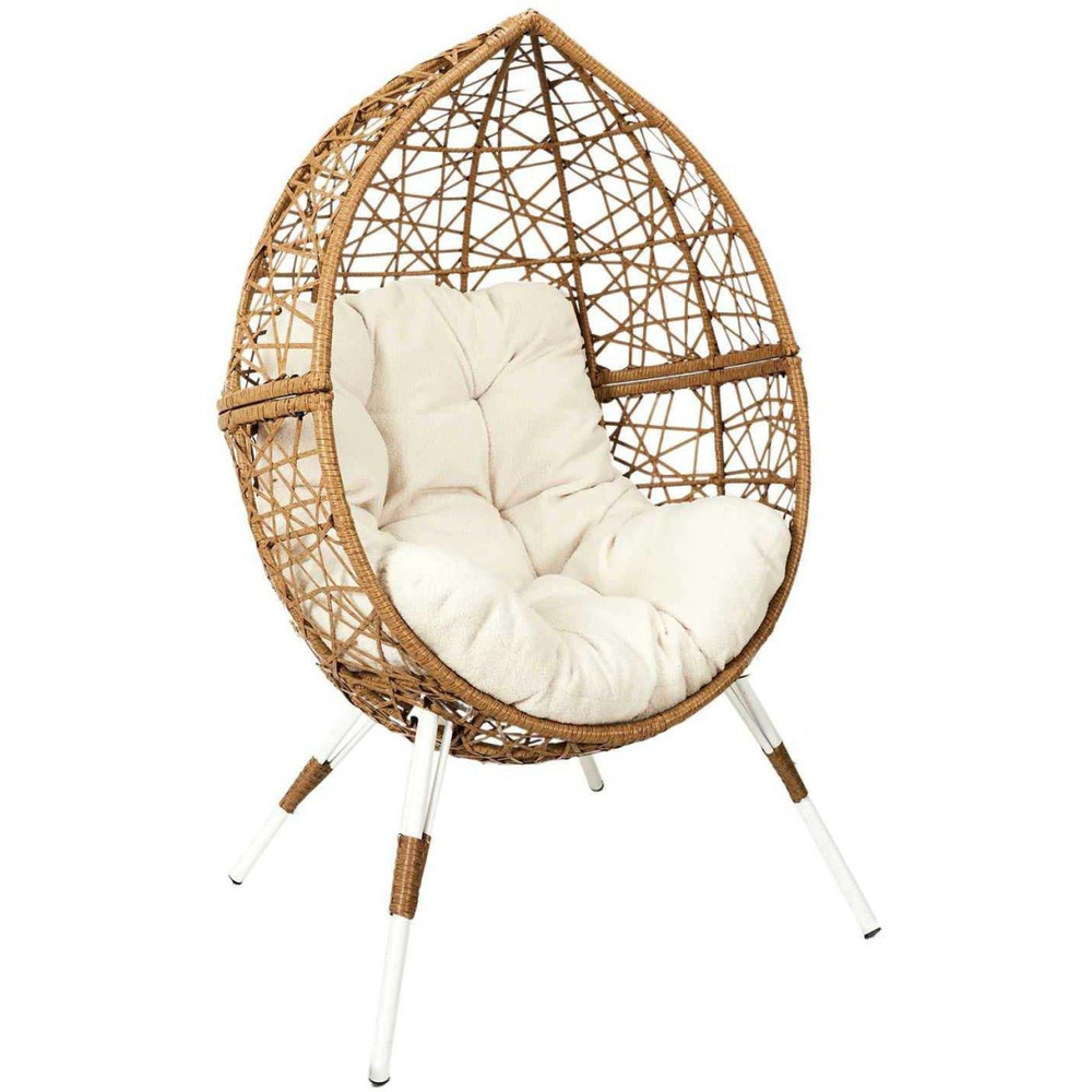 Fauteuil oeuf en résine tressée coussin en tissu beige longueur 100 cm