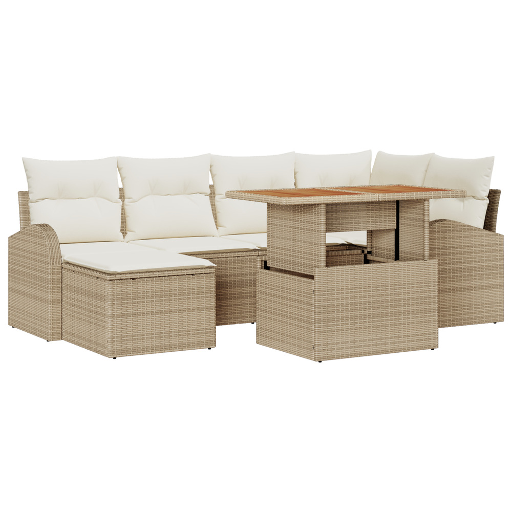 Ensemble de salle à manger de jardin 7 pièces avec coussins beige poly rattan