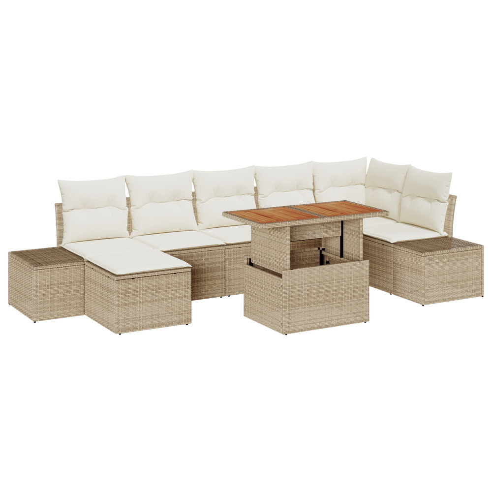 Set de salle à manger de jardin en 8 pièces avec coussins beiges en poly rattan et acacia