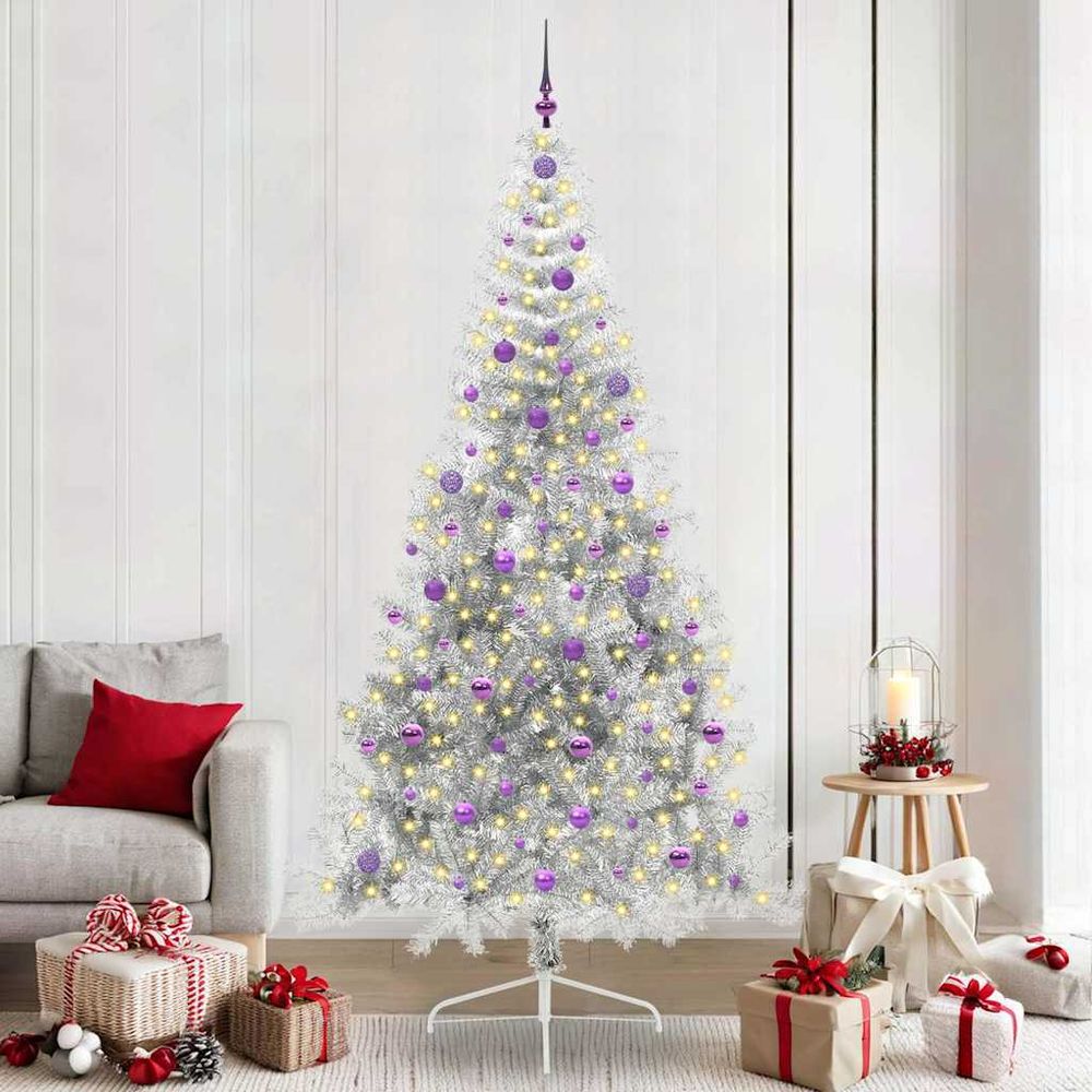 Sapin artificiel moderne 2.4m argent, illuminé par 300 led, pack avec 120 boules de noël
