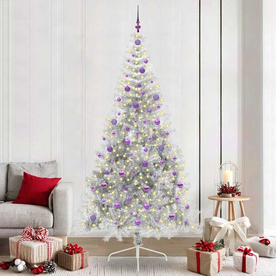 Sapin artificiel moderne 2.4m argent, illuminé par 300 led, pack avec 120 boules de noël