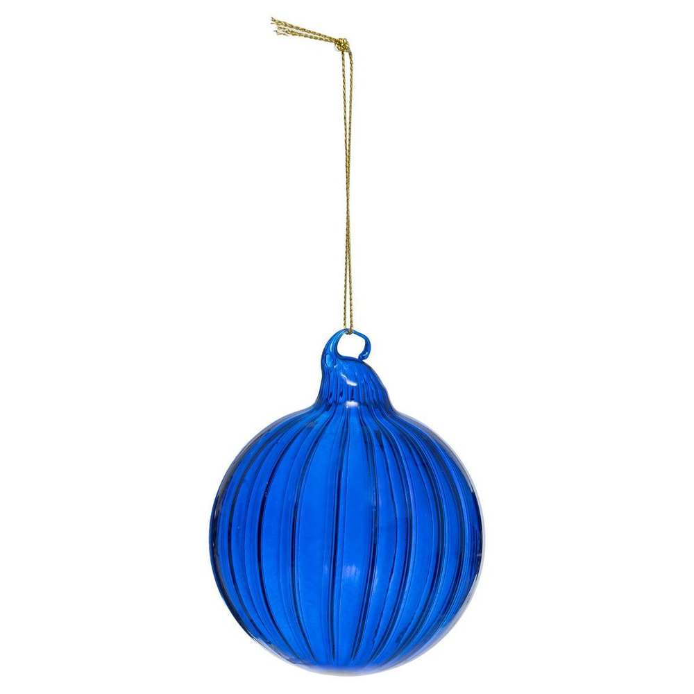 Boule de noël en verre 80mm strie bleu