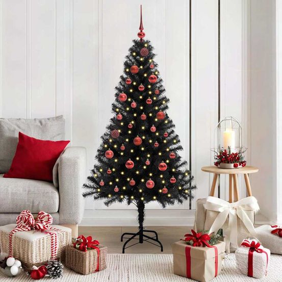 Sapin de noël moderne noir conique 150 cm, illuminé par 150 led, kit décoration complet pour fêtes