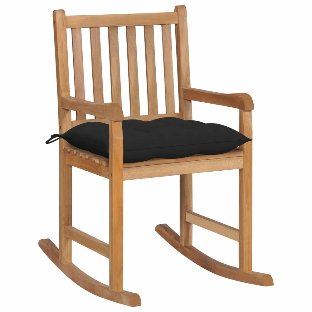 Chaise à bascule avec coussin noir bois de teck solide