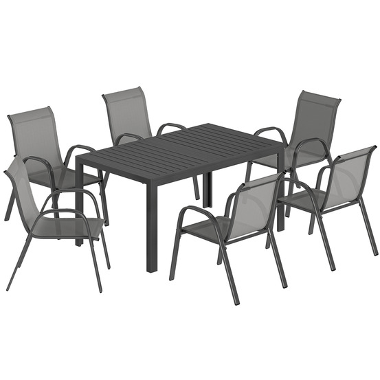 Ensemble repas de jardin 7 pièces, table et 6 chaises empilables respirantes, design lamellaire, gris clair