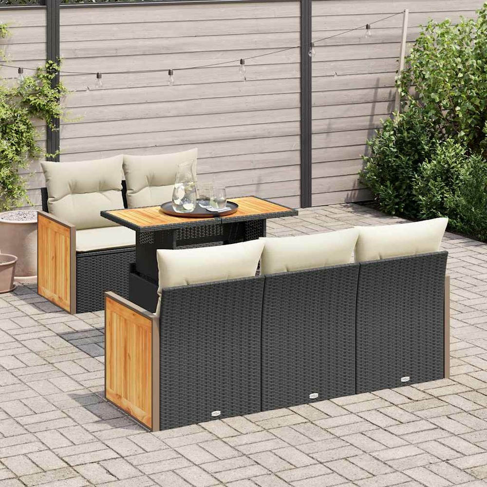 Salon de jardin 6 pcs avec coussins noir résine tressée acacia