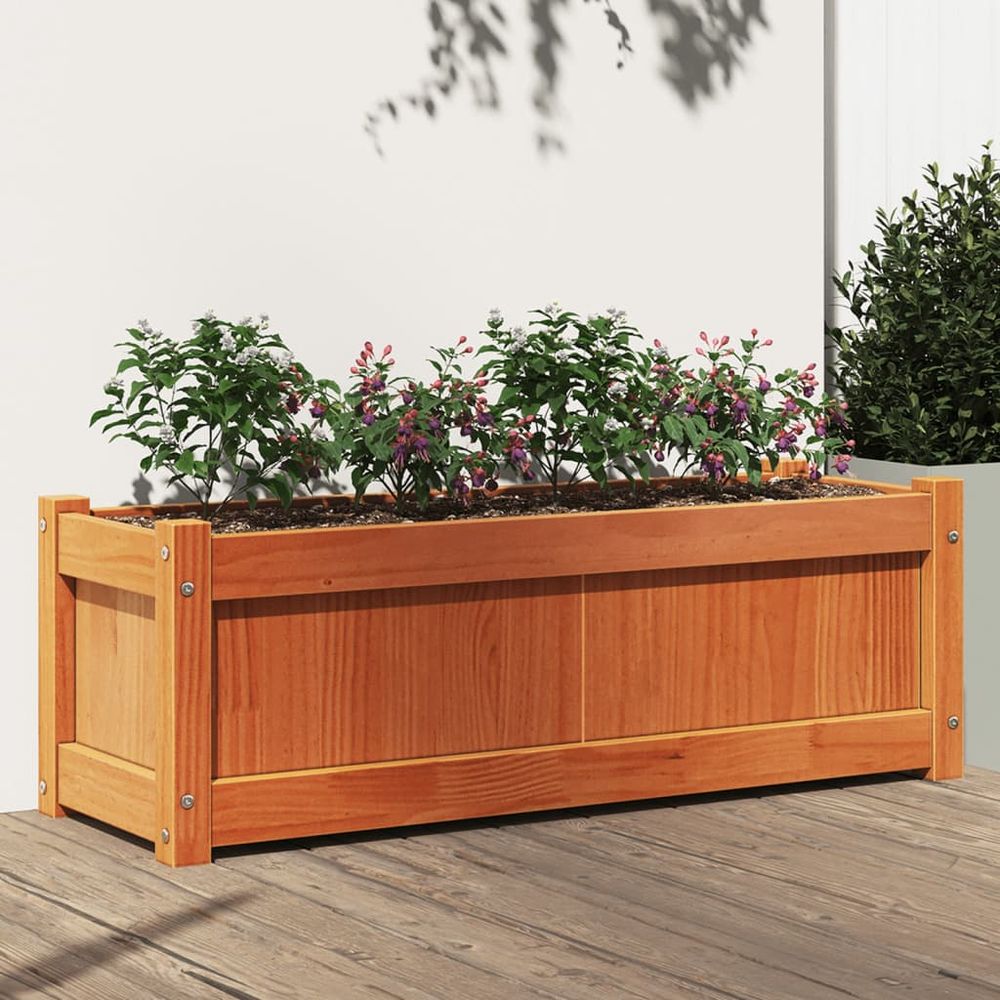 Grande jardinière en pin massif finition cire marron pour extérieur 90 cm