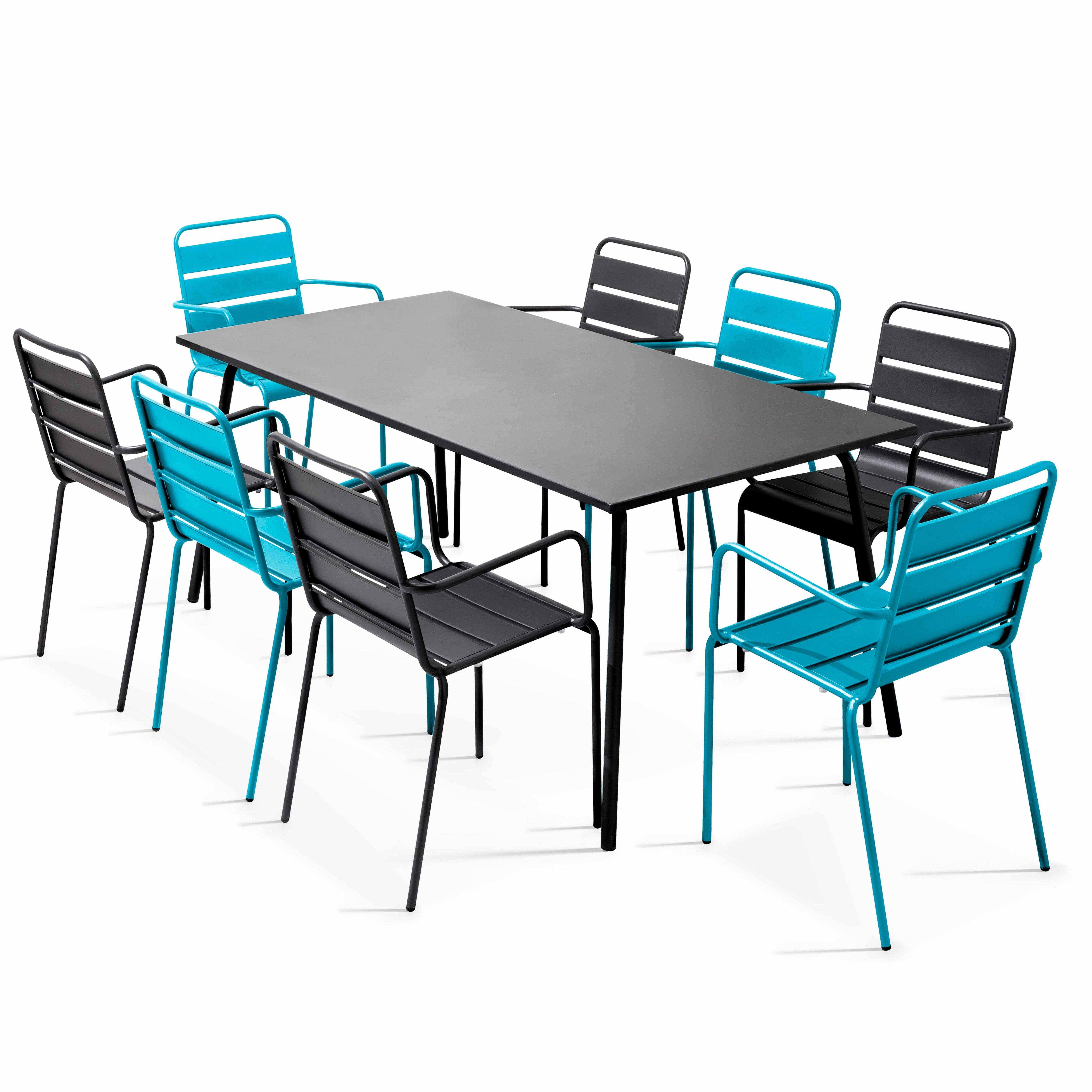 Ensemble table de jardin et 8 fauteuils en métal bleu et gris